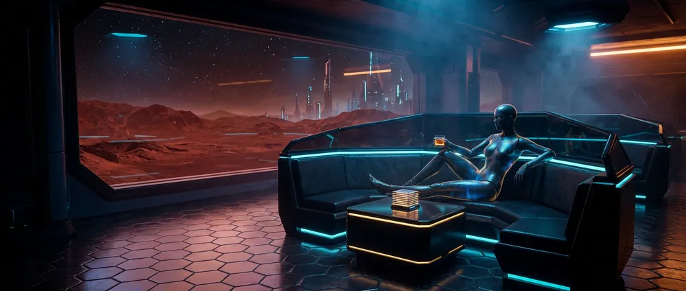 The Lounge — a neon-hex casino lounge with a Mars skyline